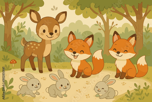 Smiling Woodland Creatures. Adorable woodland scene with smiling deer, foxes, and rabbits leaving tiny tracks
