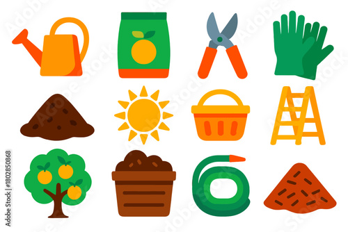 Citrus Tree Care Icons. Flat vector icons of Citrus Tree Care: watering can, fertilizer, pruning shears, gloves, soil, sun, basket