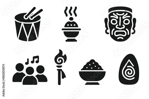 Ritual Icon Collection. Solid style icons of Ritual Practices: drum, incense burner, sacred fire, ceremonial mask, chanting group,