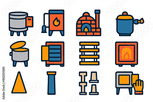 Stylized Kiln Icons. Flat vector icons of kilns: electric kiln, gas kiln, wood-fired kiln, raku kiln, top-loading kiln,