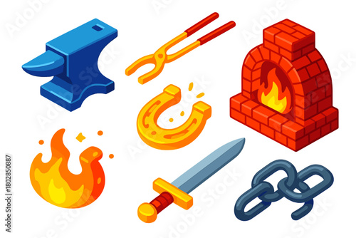 Medieval Blacksmith Tools. Isometric vector illustration set Medieval Smithy: iron anvil, gripping tongs, brick forge, glowing