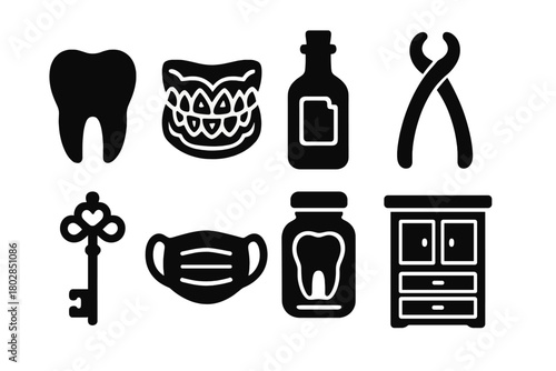 Dental Icon Collection. Solid style icons of Dental Curiosities: Golden Tooth, Carved Denture, Bottle, Forceps, Key, Mask, Glass