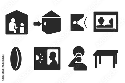 Early Visual Tech Icons. Solid style icons of Early Visual Technology: Dark Room, Camera Obscura, Pinhole, Projected Image, Lens,