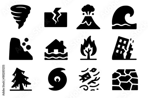 Natural Disaster Icons. Solid style icons of natural disasters: tornado, earthquake crack, volcano eruption, tsunami wave,