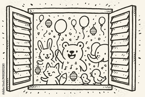 Animal Parade Celebration. A doodle scene of a jalousie window opening to reveal a parade of cheerful animals carrying balloons,