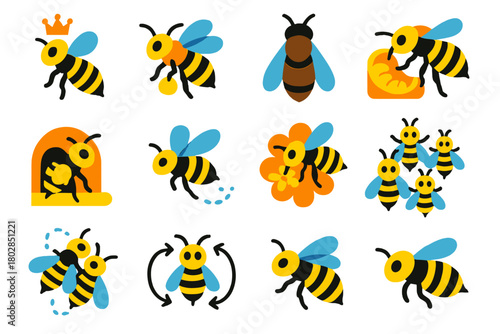 Bee Icon Collection. Flat vector icons of bees and roles: queen bee with crown, worker bee carrying pollen, drone bee with larger