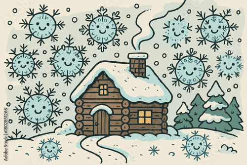 Smiling Snowflakes Wonderland. Playful snowflakes falling around the cabin, each with unique smiling expressions and little doodle