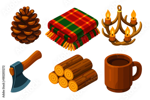 Cozy Cabin Essentials. Isometric vector illustration set Cabin Core: Pinecone, Plaid Blanket, Antler Chandelier, Axe, Woodpile,