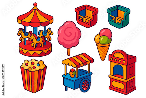 Carnival Treats Icons. Isometric vector illustration set Carnival Treats: mini carousel, ferris wheel seats, cotton candy swirl,