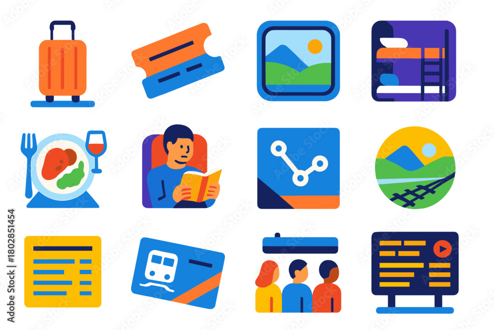 Obraz premium Modern Train Travel Icons. Flat vector icons of train travel: luggage on platform, ticket stub, train window view, sleeper bunk,