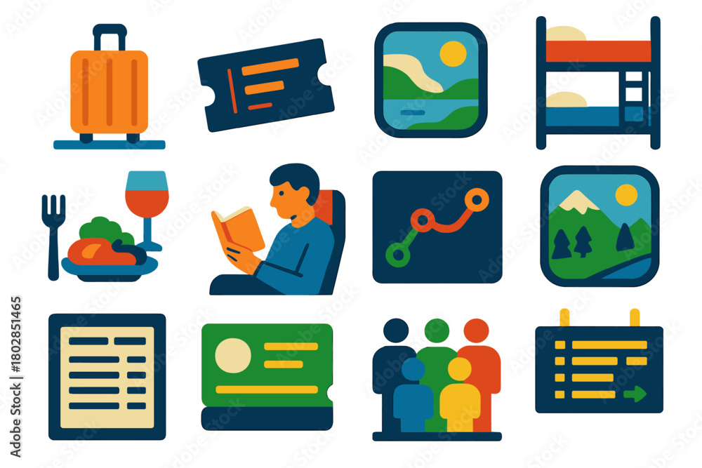 Obraz premium Modern Train Travel Icons. Flat vector icons of train travel: luggage on platform, ticket stub, train window view, sleeper bunk,