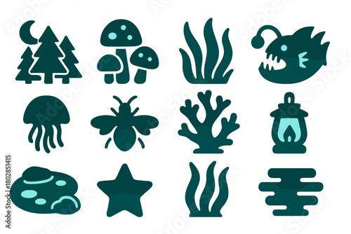 Ethereal Icon Collection. Solid style icons of Ethereal Glow: Night Forest, Glowing Mushrooms, Algae Bloom, Deep-Sea Creature,