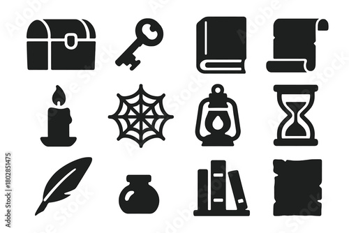 Forgotten Treasures Icons. Solid style icons of Forgotten Treasures: Chest, Ancient Key, Dusty Tome, Scroll, Candle, Cobweb,