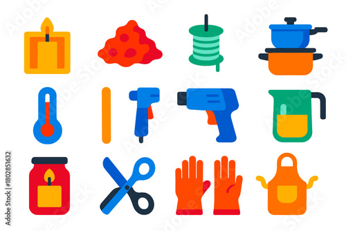 Candle Workshop Icons. Flat vector icons of Candle Workshop: mold, wax, wick, double boiler, thermometer, stirring stick, heat gun