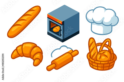 French Bakery Icons. Isometric vector illustration set French Bakery: fresh baguette, golden croissant, hot oven, white baker’s