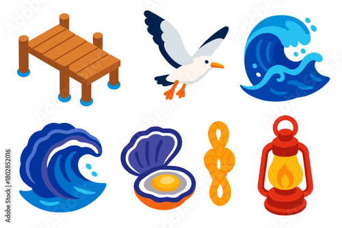 Seaside Elements Icons. Isometric vector illustration set Shoreline Elements: wooden pier, seagull with wings spread, strong waves