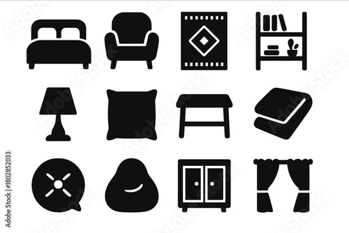 Cozy Interior Icons. Solid style icons of cozy interiors: bed, chair, rug, shelf, lamp, pillow, small desk, blanket, cushion,