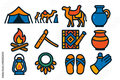 Desert Culture Icons. Flat vector icons of desert culture: Bedouin tent, desert caravan, camel saddle, traditional water jar,