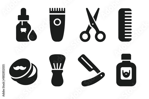 Beard Grooming Icons. Solid style icons of Beard Grooming: Beard Oil, Trimmer, Scissors, Comb, Mustache Wax, Brush, Razor,