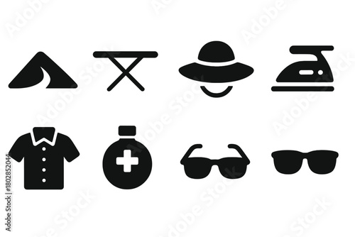 Desert Ironing Icons. Solid style icons of Desert Ironing: Sand Dune, Ironing Board, Sun Hat, Steam Iron, Dry Shirt, Canteen, Rock