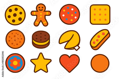 Colorful Cookie Icons. Flat vector icons of cookies: chocolate chip cookie, gingerbread man, sugar cookie, shortbread, oatmeal