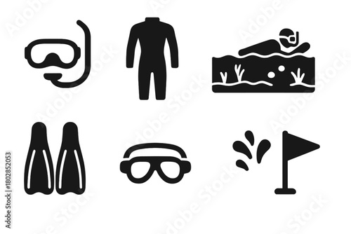 Novel Bog Sports Icons. Solid style icons of Novel Bog Sports: Mask, Wet Suit, Peat Bog, Competition, Fins, Goggles, Water