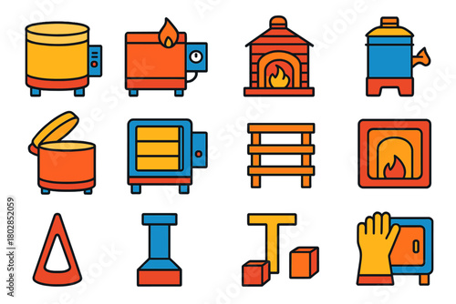 Stylized Kiln Icons. Flat vector icons of kilns: electric kiln, gas kiln, wood-fired kiln, raku kiln, top-loading kiln,