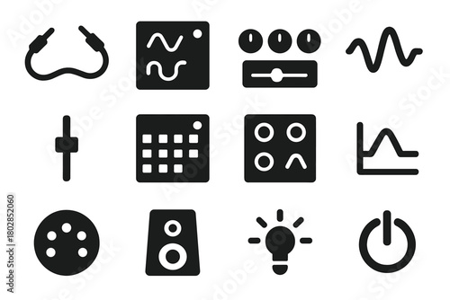 Analog Synth Icons. Solid style icons of Analog Synth Setup: Patch Cables, Oscillator, Knobs, Waveform, Slider, Sequencer, Filter,