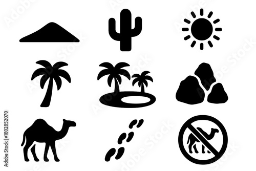Desert Landscape Icons. Solid style icons of Desert Landscape: Sand Dune, Cactus, Sun, Palm, Oasis, Rocks, Camel, Tracks, No text,
