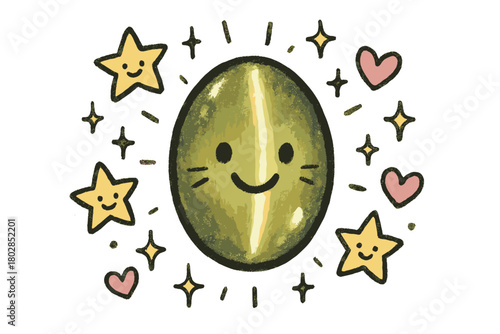 Radiant Gemstone Delight. A doodle of a smiling gemstone glowing with chatoyancy, its surface shimmering like a cat’s eye,
