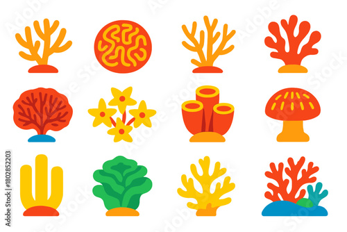 Vibrant Coral Icons. Flat vector icons of corals: branching coral, brain coral, staghorn coral, soft coral, fan coral, star coral,