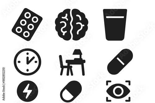 Cognitive Enhancement Icons. Solid style icons of Cognitive Enhancement: Pill Pack, Brain Symbol, Glass of Water, Clock, Study
