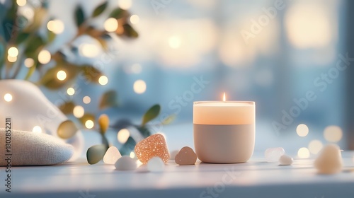Cozy winter atmosphere with burning candle, eucalyptus branches and salt crystals on white surface against blurred bokeh background.