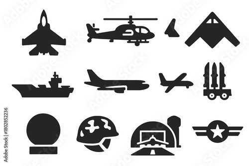 Military Aviation Icons. Solid style icons of military aviation: fighter jet, bomber, attack helicopter, stealth aircraft,