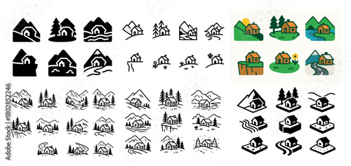 Mountain cabin icons collection