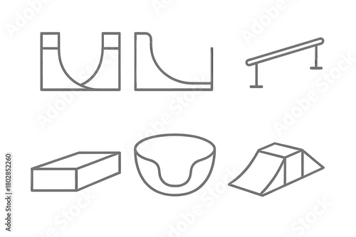 Skate Park Icons. Line style icons of skate park features: half-pipe, quarter-pipe, rail, box, bowl, funbox. No text, No labels,