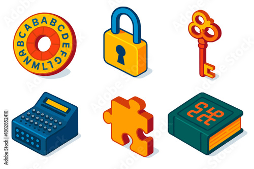 Cipher Puzzle Icons. Isometric vector illustration set Puzzle Codes: circular cipher, lock icon, decorative key, enigma machine,