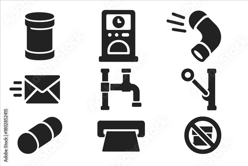 Vintage Pneumatic Icons. Solid style icons of Vintage Pneumatic Tube: Canister, Console, Whoosh, Message, Tube Network, Lever,