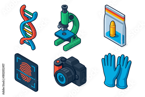 Forensic Evidence Icons. Isometric vector illustration set Forensic Evidence: DNA icon, optical microscope, plastic evidence bag,