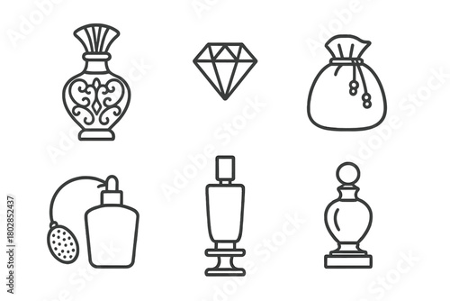 Luxury Perfume Icons. Line style icons of luxury perfumery: ornate bottle, gold stopper, gemstone accent, velvet pouch, crystal