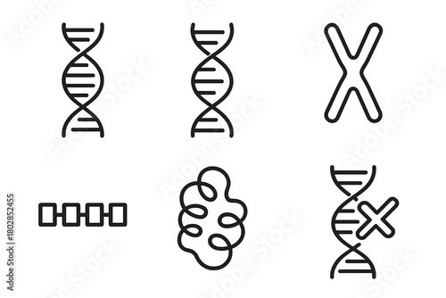 Genetics Line Icons. Line style icons of genetics: DNA helix, RNA strand, chromosome, gene sequence, protein structure, mutation