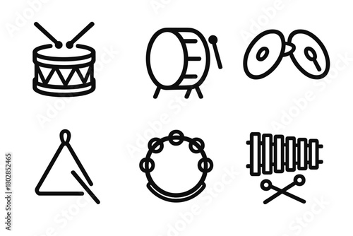 Percussion Instrument Icons. Line style icons of percussion section: snare drum, bass drum, cymbals, triangle, tambourine,
