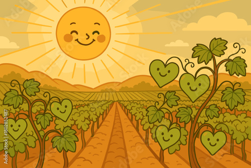 Cheerful Vineyard Sun. Smiling sun shining over a vineyard, vines forming little heart shapes with cheerful faces