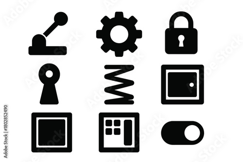 Secret Mechanism Icons. Solid style icons of Secret Mechanisms: Hidden Lever, Gear, Lock, Keyhole, Spring, Compartment, Panel,