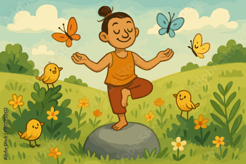 Yogi's Nature Harmony. Playful nature scene with yogi balancing on a rock, little smiling birds and butterflies fluttering nearby