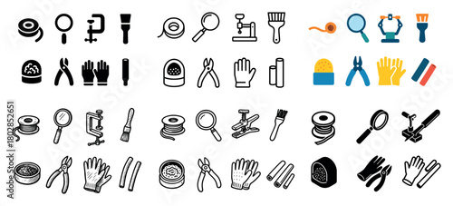Tools and icons collection in rows