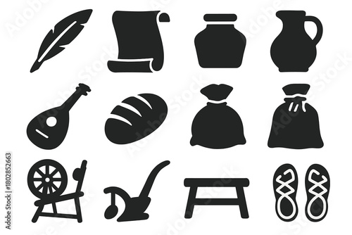 Medieval Daily Icons. Solid style icons of medieval daily life: quill, scroll, ink pot, lute, bread loaf, jug, spinning wheel,