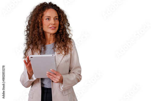 Wallpaper Mural Professional woman with curly hair holding a tablet, managing business, working with digital technology, isolated on transparent background Torontodigital.ca