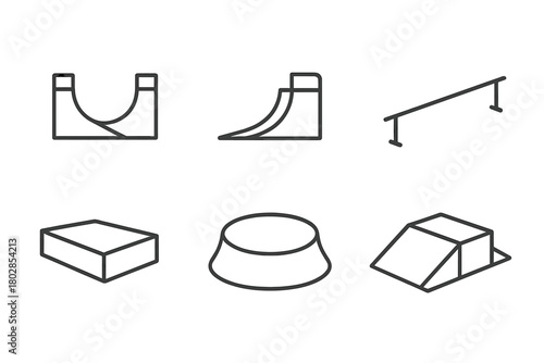 Skate Park Icons. Line style icons of skate park features: half-pipe, quarter-pipe, rail, box, bowl, funbox. No text, No labels,