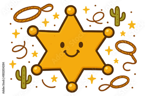 Smiling Sheriff Badge. Playful sheriff’s badge with a smile, surrounded by tiny stars, lassos, and mini cacti